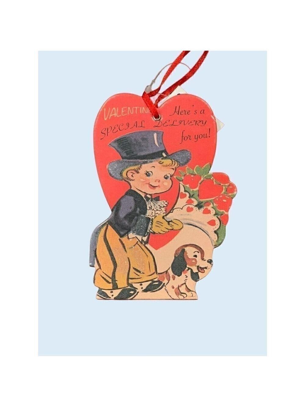 Valentines Day Boy Top Hat Puppy Card Ornament Vintage Inspired Retro Holiday